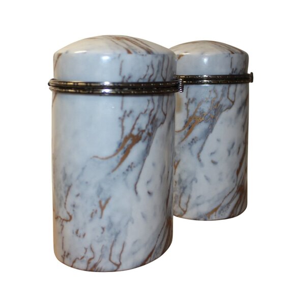 2 Three Hands Marble-Look Ceramic Jars w/Metal Trim Decorative Storage Container - Picture 5 of 7